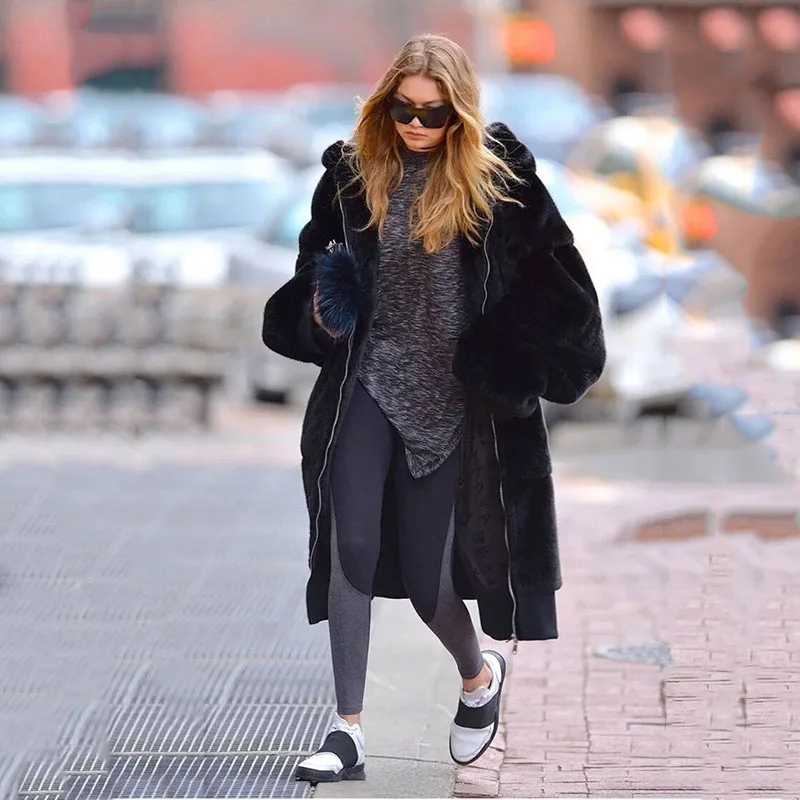 2020 Gray Coat Women's Autumn Winter New Rex Rabbit Fur Thickened Outwear Long Zipper Long Sleeve Hooded Fur Coat Female E456