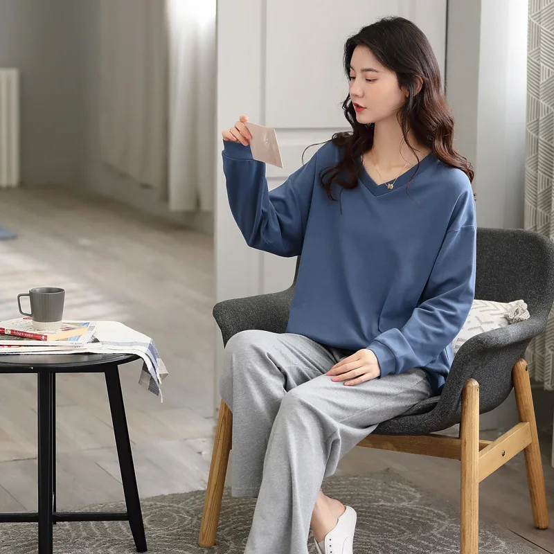 

Autumn Pajamas Women's Two-piece Cotton Long-sleeved Round Neck Casual Home Wear Two-piece Comfortable Pure Cotton Pajamas Set