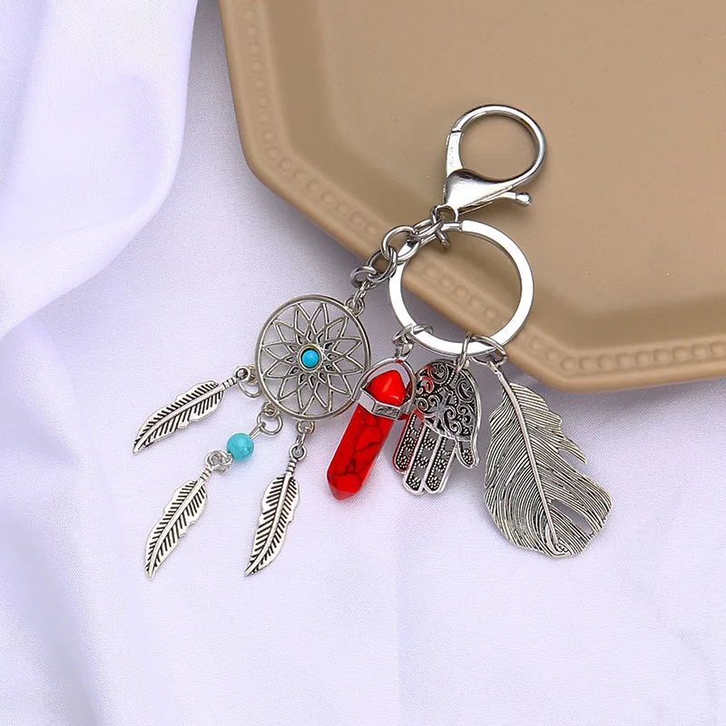 Брелок для ключей в виде Ловца снов перо ручная работа цветной камень Ловец