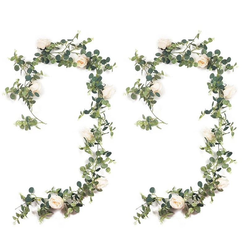 

2PCS Artificial Eucalyptus Garland with Champagne Roses Flower Hanging Greenery Garland for Wedding Backdrop Table Decor