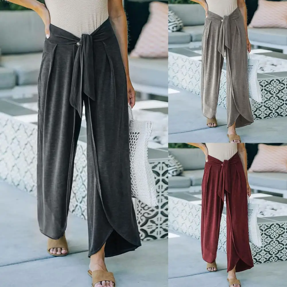 

2021 High Waist Two Pockets Women Trousers Skin-friendly Straight Wide Leg Belted Long Pants Ladies Clothing