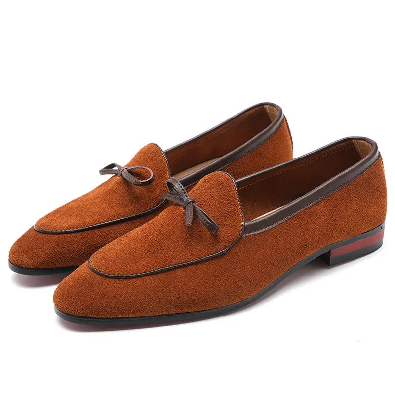 

ERRFC Personalized Men Brown Leisure Shoes Fashion Designer Round Toe Bowtie Charm Slip On Man Suede Nubuck Leisure Shoes 47 48