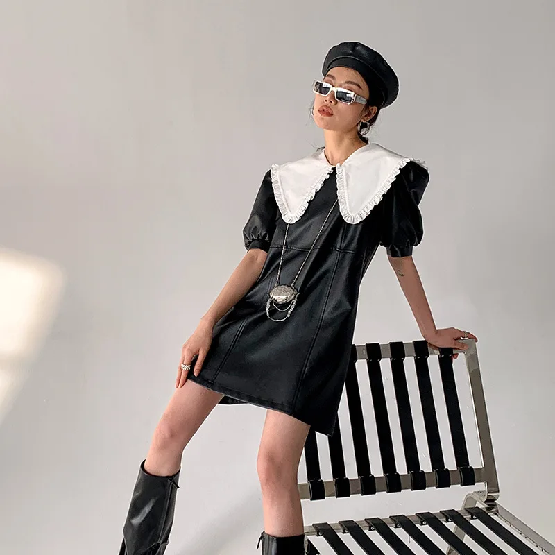 

French PU leather skirt early spring 2021 new small high waist A-line skirt lotus collar bubble sleeve dress