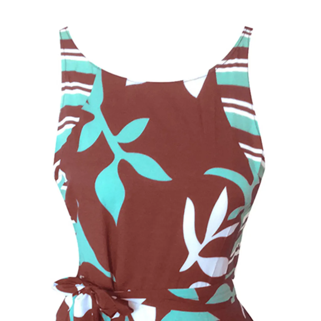 

Plus Size Leaf Print Sleeveless Casual Women Round Neck Dresses Ladies Splice Big Swing Dress With Sashes Summer Female Dresses