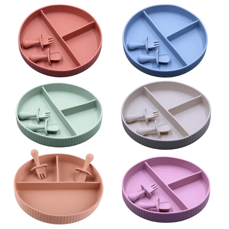 

Baby Feeding Bowl Spoon Fork Set Cartoon Dinosaur Silicone Suction Divided Plate M3GE