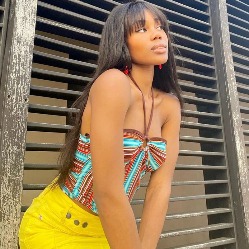 90s Vintage Striped Sleeveless Halter Camis Tube Top Women Summer Backless Crochet Cropped Tops Tees Y2K Aesthetic Streetwear | Женская