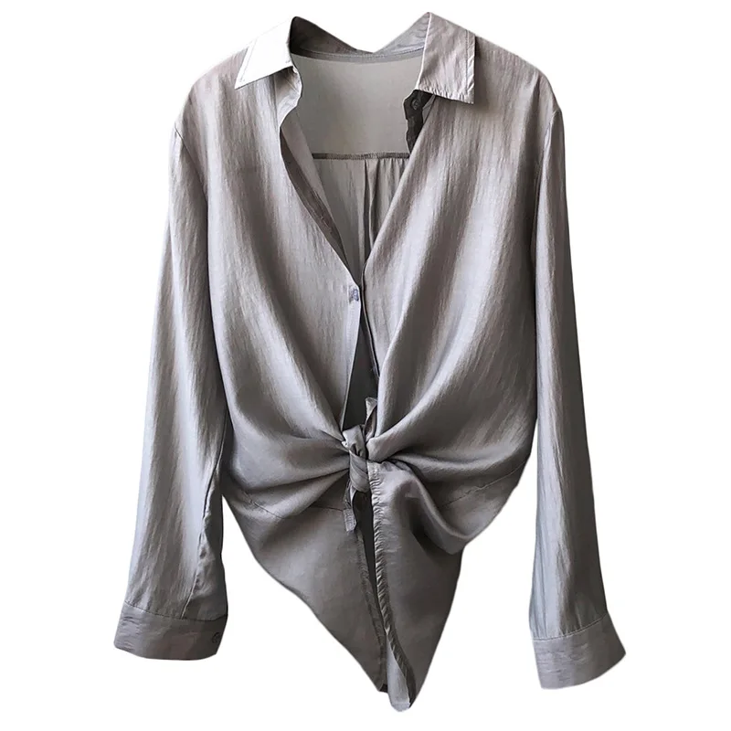 

Yeeloca Casual Thin Long Sleeve Shirt Women's 2021 Summer New Lapel Single -breasted Loose Blousers Korean Sunscreen Top