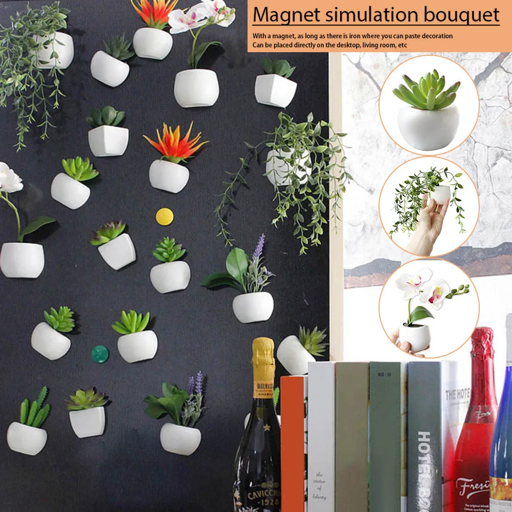 

3D Artificial Flower Magnet Succulent Plant Refrigerator Sticker Hanging Plant Vase Potted Decors Fridge Sticker