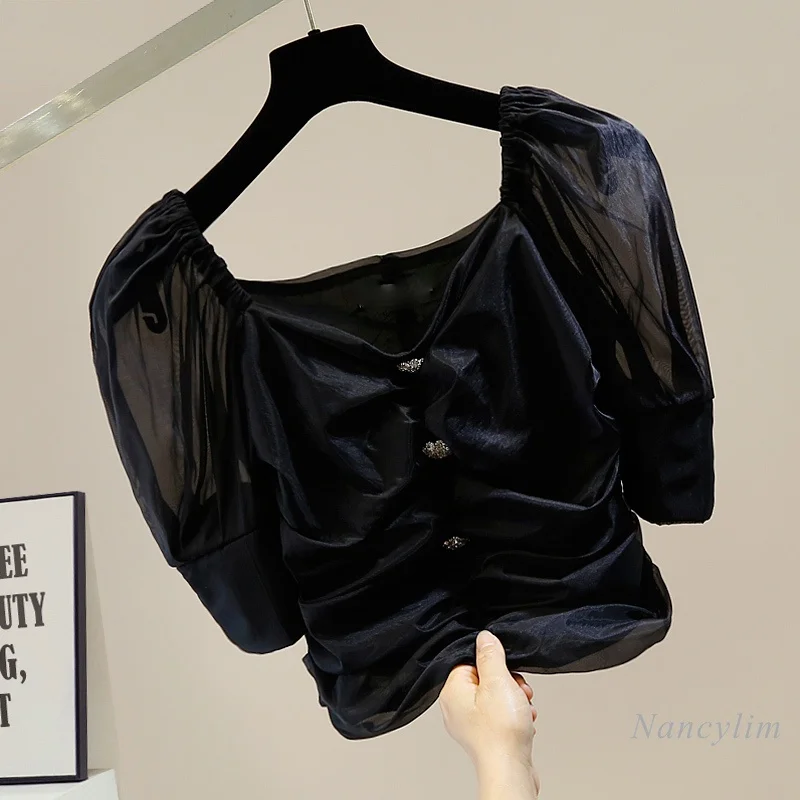 Chemise courte à manches bouffantes plissées et à col carré pour femmes, vêtement amincissant, De couleur blanche et noire