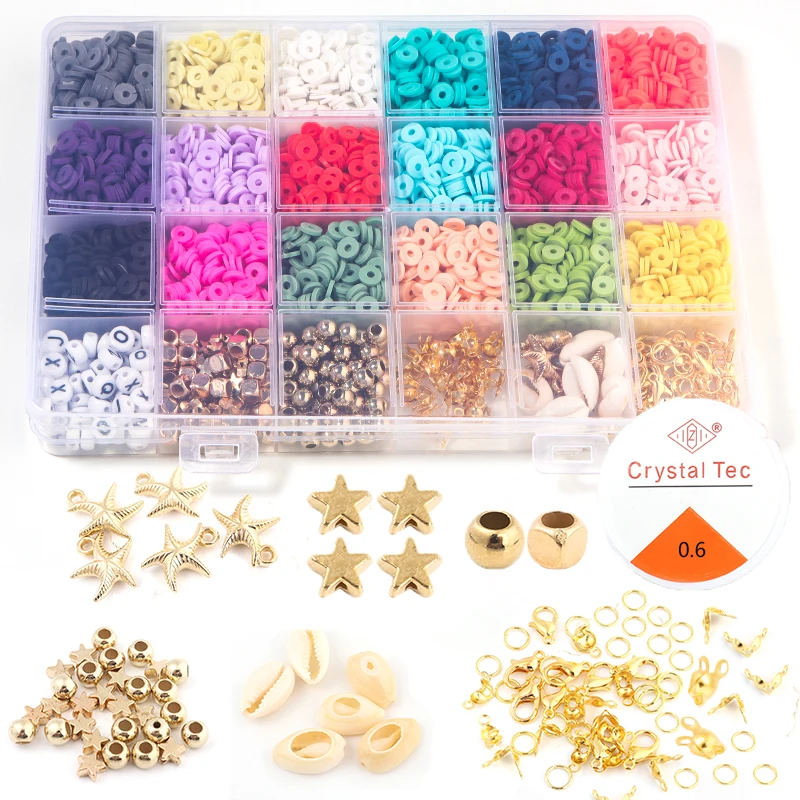 

18 Colors 6mm Flat Round Polymer Clay Spacer Beads Kit Charms Lobster Clasp Box For Jewelry Making DIY Bracelets Earring Set