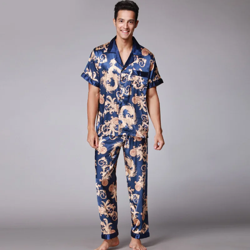Шелковая пижама для мужчин, брюки с коротким рукавом, комплект из двух предметов, кардиган из искусственного шелка с принтом, Мужская одежда... от AliExpress WW