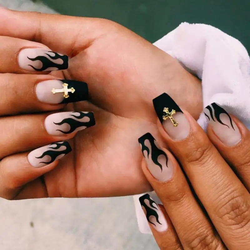 

1 Box Black Flame Diamonds Detachable Short Ballerina False Nails With Design Wearable Fake Nails Full Cover Nail Tips For Women