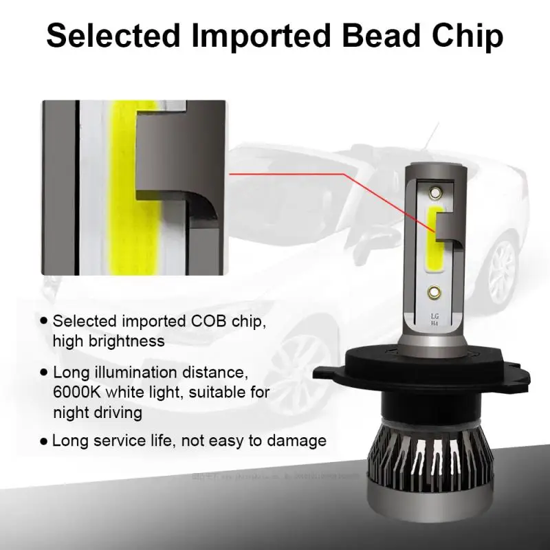 

Car Light Bulbs COB Hi/Lo Beam Bulb 90W 12000LM White High Power 6000K MINI H4 LED Headlight Bulbs Conversion Kit 2Pcs