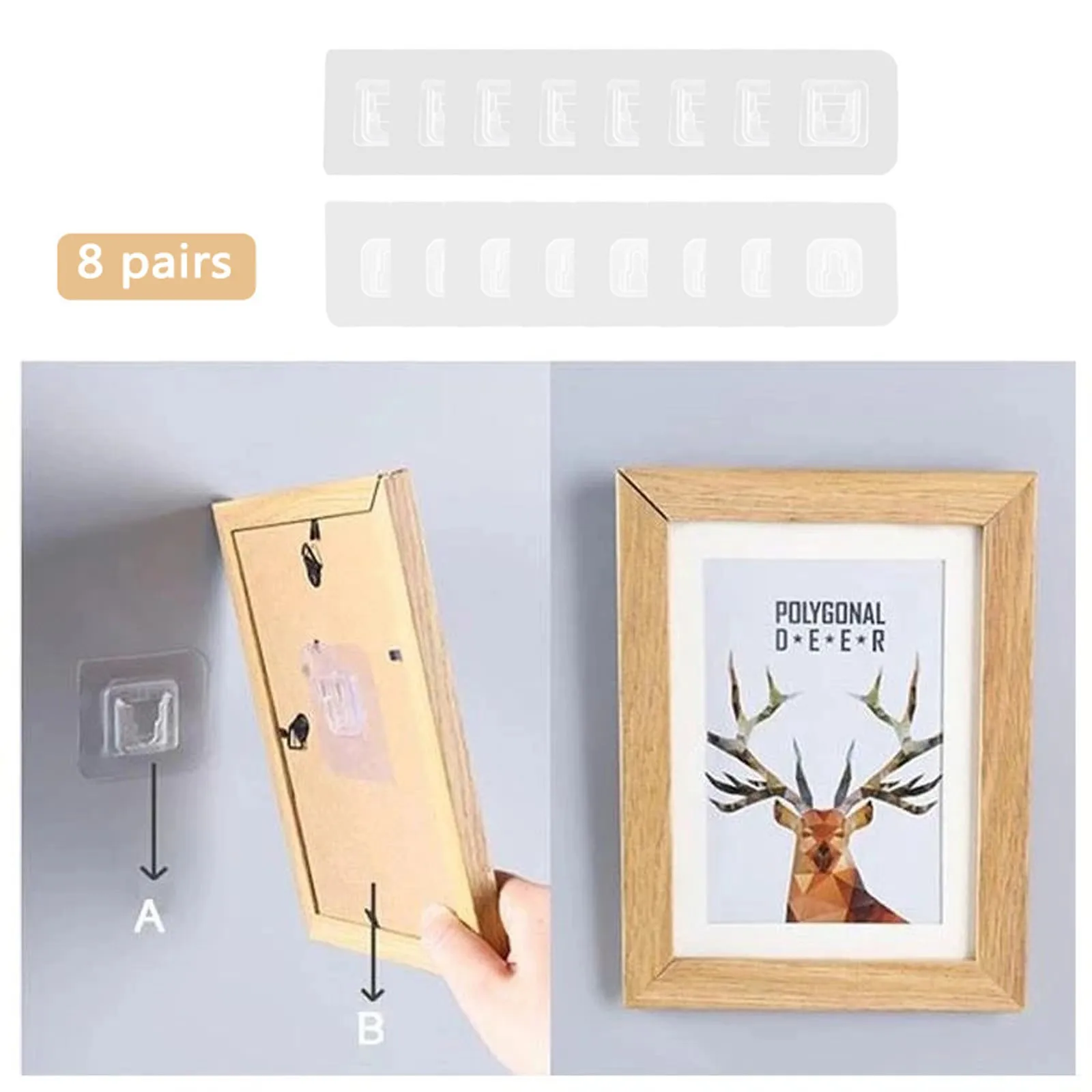 

8 Pairs Household Double-sided Self Adhesive Wall Hooks Seamless Hooks Reusable Anti-slip Wall Mounted Hook Organizer 6*6cm