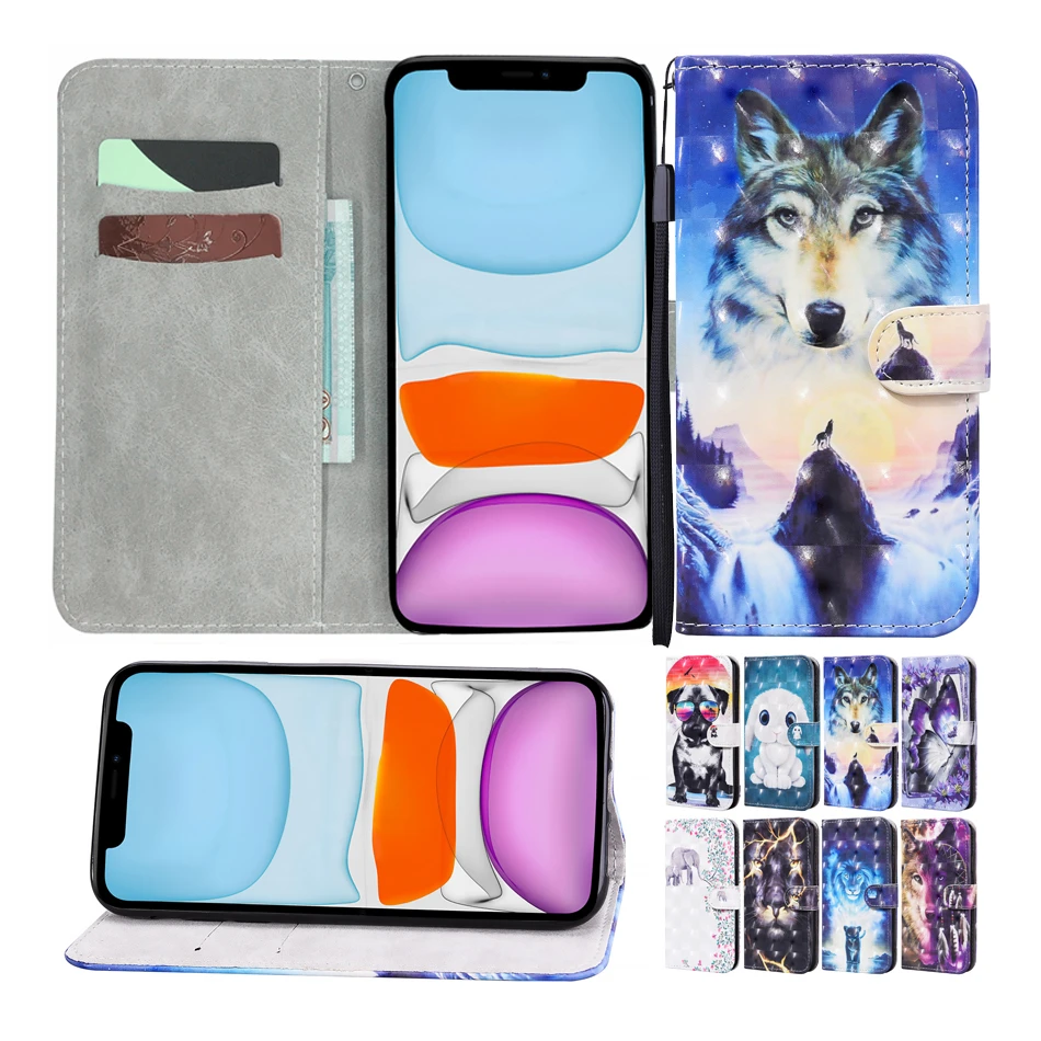 

For Samsung Galaxy S21 Ultra A52 A42 A32 A12 A72 A51 A71 A30 A20 A70 A40 A50 Cute Leather Case Soft Holder Wolf Phone Back Cover