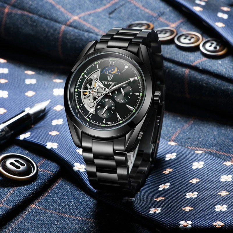 TEVISE автоматические часы Tourbillon механические часы мужские часы деловые наручные часы Мужские часы со скелетом montre homme