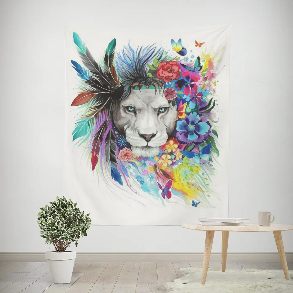 

Cartoon Lion Tapestry Printing Beach Blanket Home Wall Decoration Floral Wall Hanging for Living Room Christmas Decoration