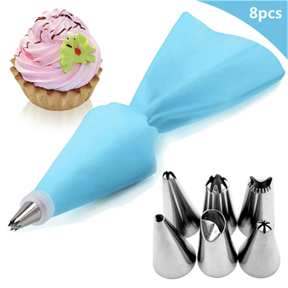 8 PCS/set Silicone Icing Piping Cream Pastry Bag + 6 Stainless Steel Cake Nozzle DIY Decorating Tips Fondant Tools |