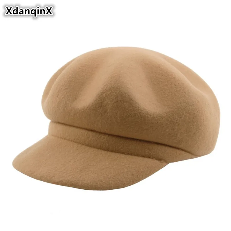 XdanqinX Winter Women's Warm Hat 100% Wool Ladies'  Newsboy Caps Elegant Fashion Casual Hats Solid Color Women Beret Multicolor