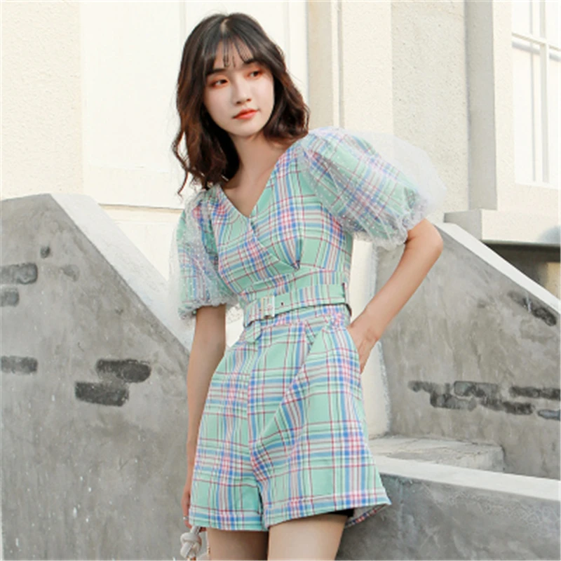 Женский комбинезон с пышными рукавами элегантный сетчатый в стиле пэчворк