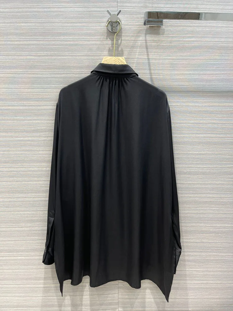 

2021 Spring/Summer women's new temperament commute irregular open fork loose satin medium-length shirt