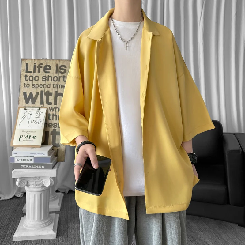 

Solid Color Oversized Men's Shirts 2021 Harajuku Men Casual Half Sleeve Shirt Tops Cool Summer Streetwear Man Blouse 6 Colors