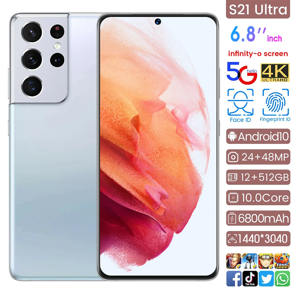 

New Galxy S21 Ulrta 12+512GB Smartphone 24+48MP Camera 6.8" FHD+ Fullview Display Cellphone 6800mAh 10 Core Global Version 5G