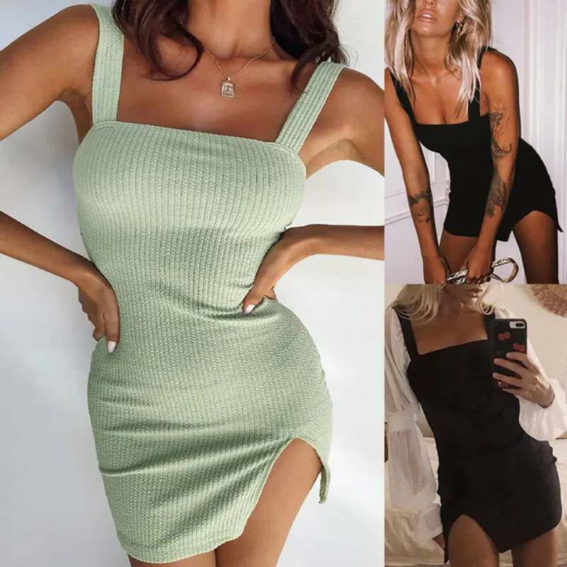 Womens Strappy Knitted Bodycon Mini Dress Ladies Party Split Ribbed Slip Dresses