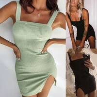 womens strappy knitted bodycon mini dress ladies party split ribbed slip dresses