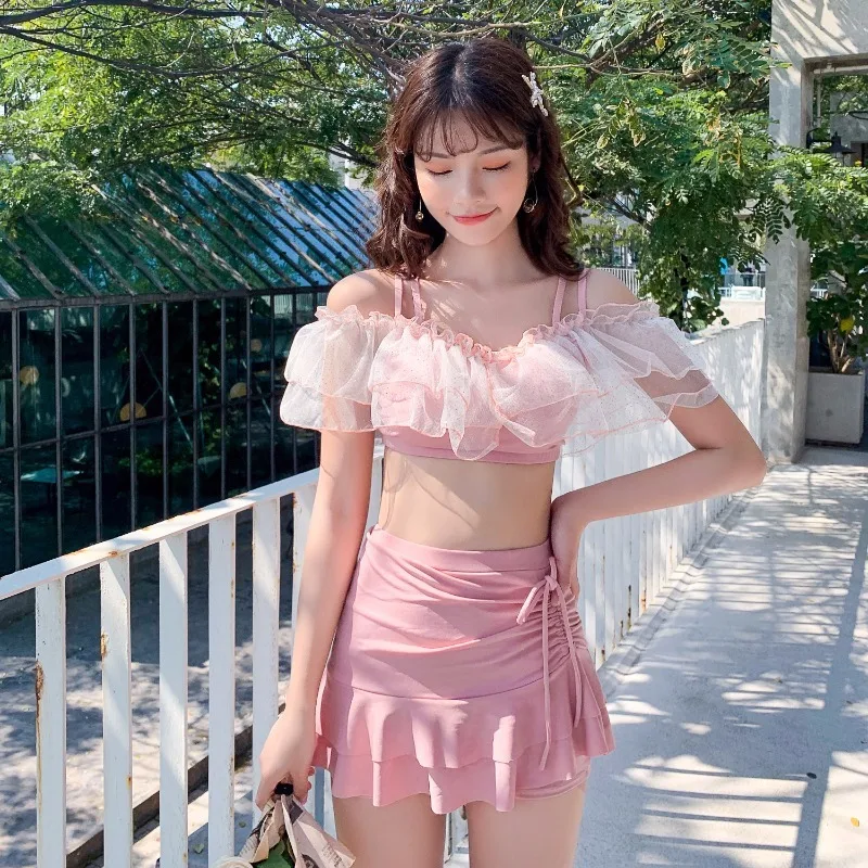 

New Women Pink Bathing Suit Swimming Suit Beachwear 2021 New Women Bikini Set Sexy Push Up Ruffles Sweet Fairy Swimwear Bikini