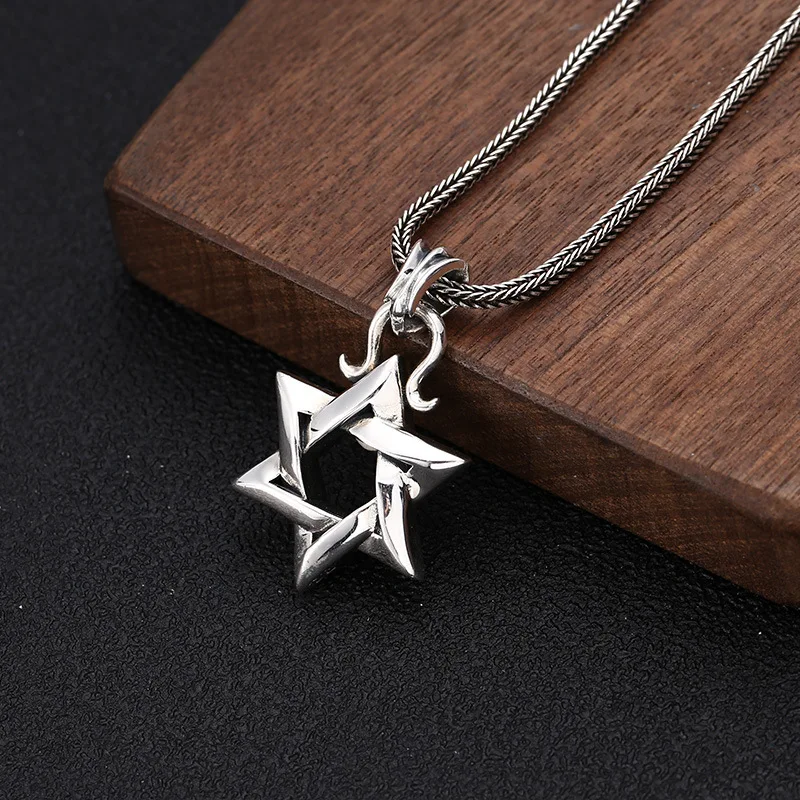 

S925 Sterling Silver Ornament Fashion Thai Silver Korean Style Personalized Two-Side Six-Pointed Star Fashion Necklace Men And
