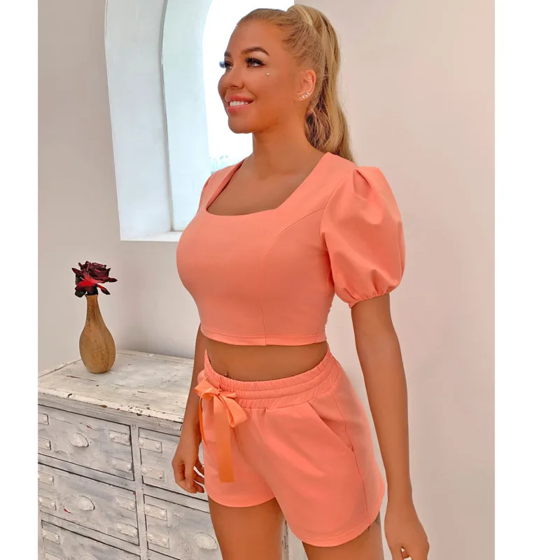 

Hola TeenYang Solid Colour Puff Sleeve Two-Piece Set Square Neck Crop Tops and Shorts High Waist Bow Tie Set Women Outfits 2020