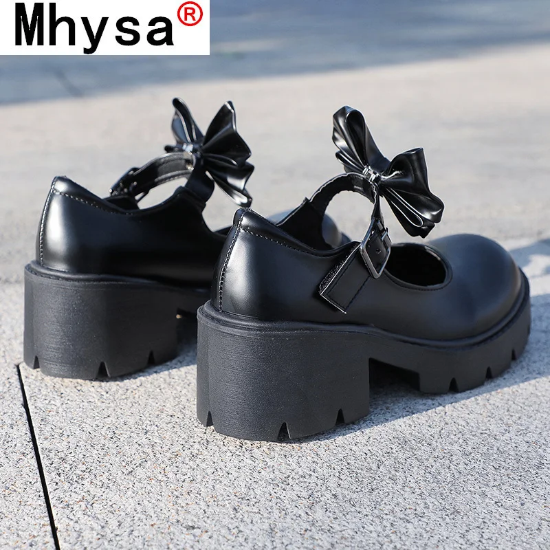 

2021 Women's Shoes Cute Bowknot Round Toe Black Comfortable Warm New Thick-soled Shoes Buckle Fashion PU Leather Shoes for Woman
