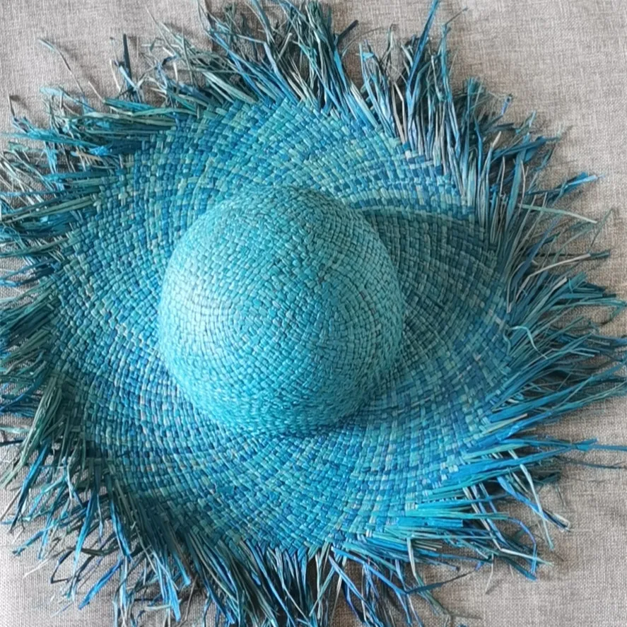 

2021European andAmerican new spring and summer sun hat Lafite grass personality tassel big brim hat fashion blue big cornice hat