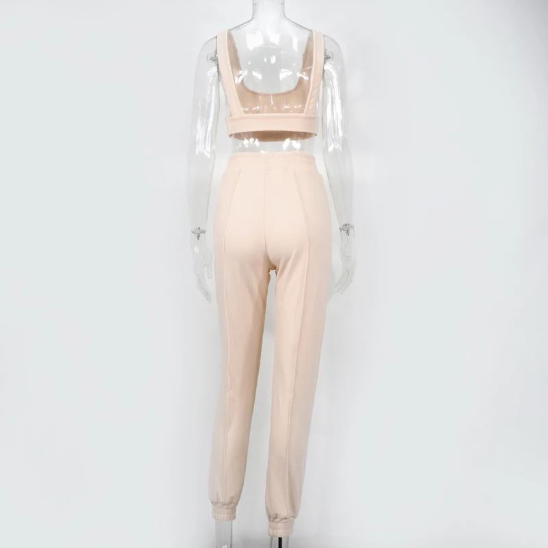 

Tacksuit Women 2 Piece Set Sleeveless White Ribbed Two Piece Outfits Crop Top Long Pants Plus Size Casual Matching Sets