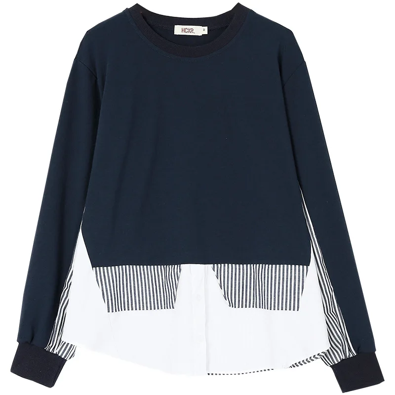 

O-neck stitching stripe T-shirt for women's 2021 spring new looks like two pieces Korean lady lazy casual top large size M L XL