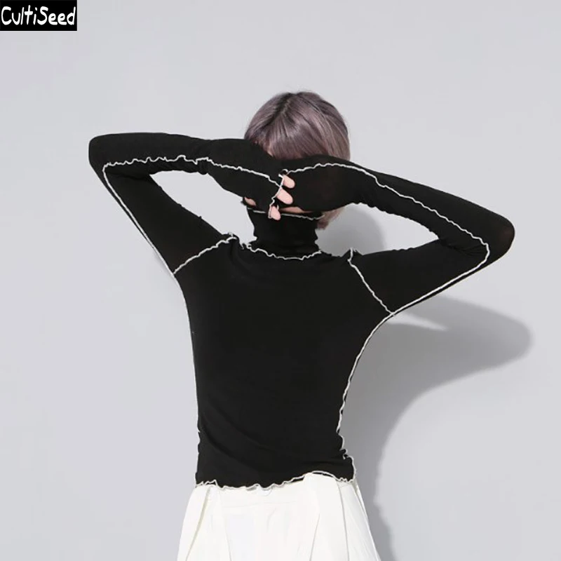 

Cultiseed Women Personality Color Patchwork Turtleneck T-Shirt Tees Female Autumn New Long Sleeve Slim Waist Basic T-shirt Tops