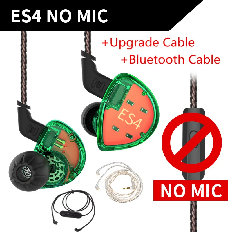 green silver BT KZ ES4 1DD+ 1BA Hifi спортивные наушники-вкладыши Динамический драйвер шумоподавление Гарнитура замена кабеля AS10 ZS10 BA10 ZST ZS6 ZSN - Цвет: green silver BT