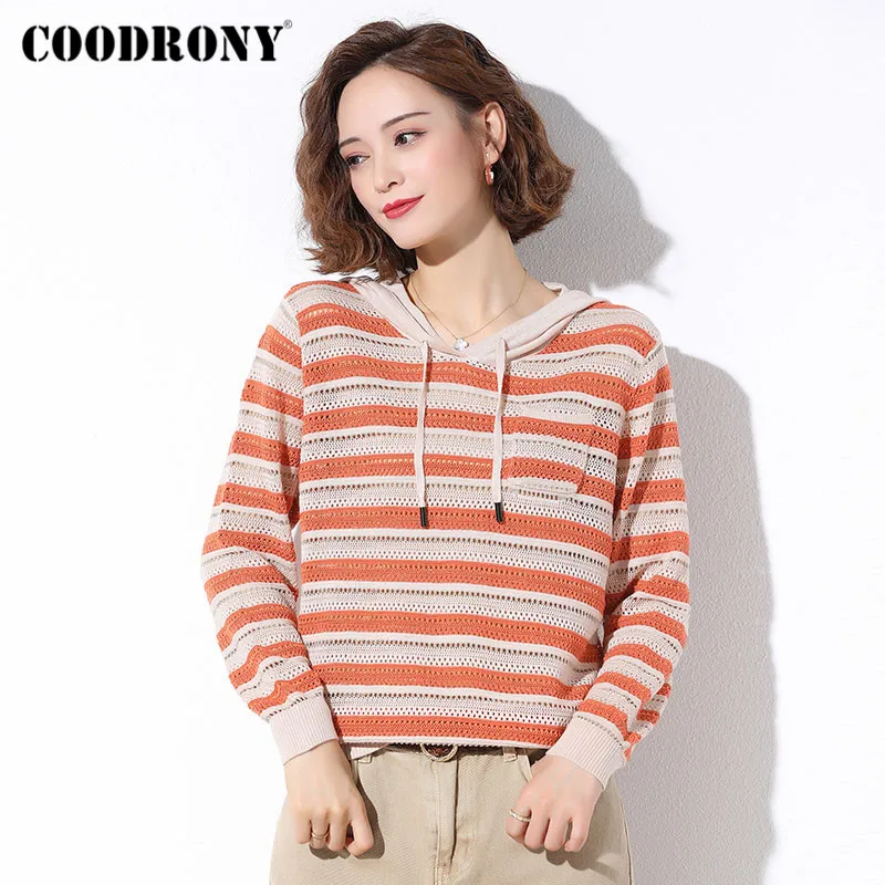 

COODRONY Brand Casual Soft Knitwear Jumpers Female Striped Hooded 2020 Autumn Winter Slim Women’s Sweater With Pocket W1080