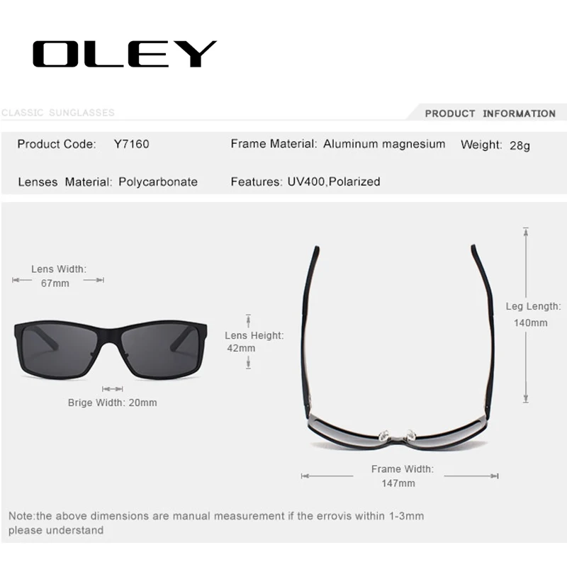 OLEY Brand Men's Vintage Square Sunglasses Polarized UV400 Lens Eyewear Accessories Male Sun Glasses For Men/Women Y7160