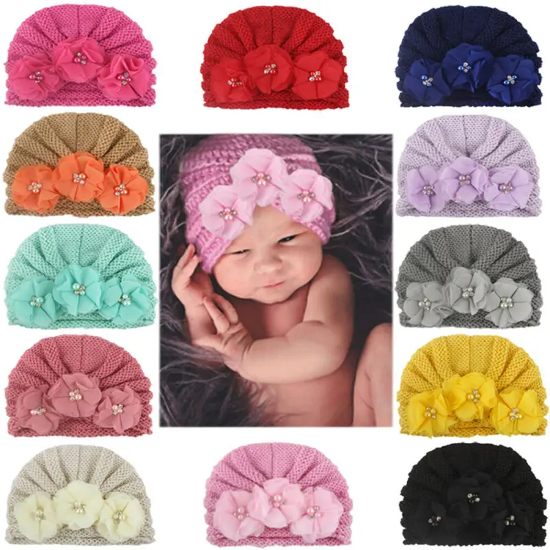 Шапка для новорожденных вязаный шапка с тремя цветами и жемчужинами стразами
