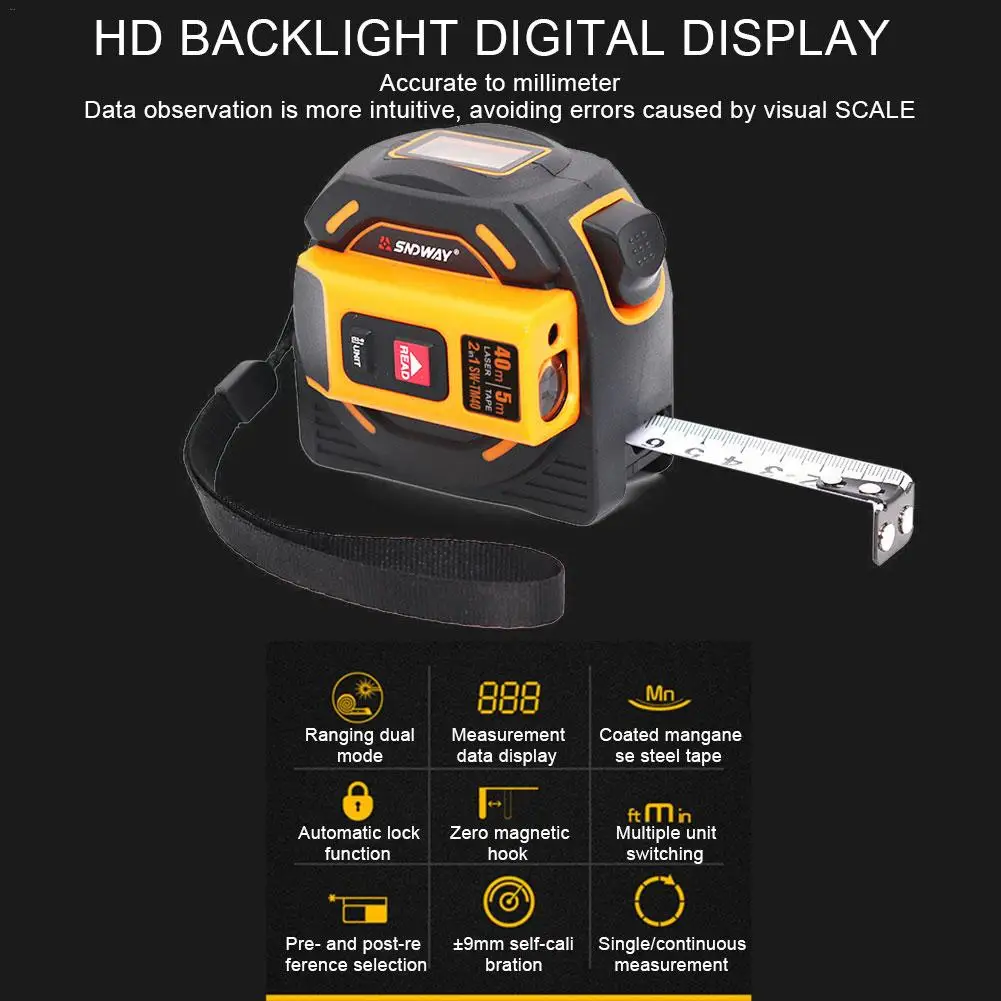 2 In 1 Tape Measurer Digital Measure Laser Rangefinder LCD Digital Display Handheld Infrared 60M 40M Electronic Ruler