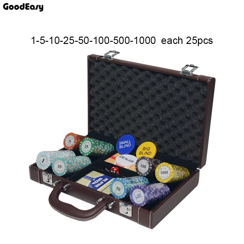 

Casino Texas Hold'em Clay Poker Chips Sets Poker PU Suitcase Bingo Metal coins with Box &Playing cards Dealer Buttons Dices