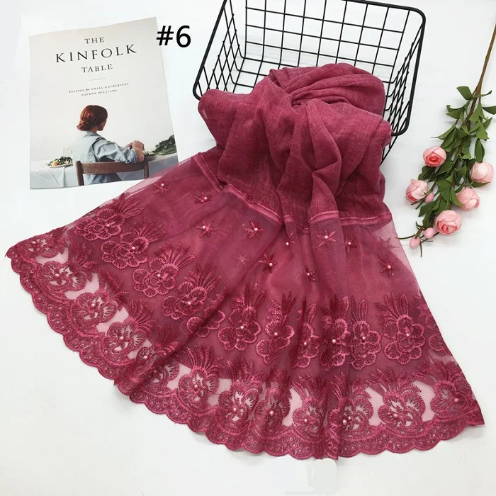 S06 maroon Хлопковые двухсторонние кружевные кромки цветок ретро модные шарфы шаль мусульманский хиджаб Бисер для женщин Простой макси глушитель - Цвет: S06 maroon