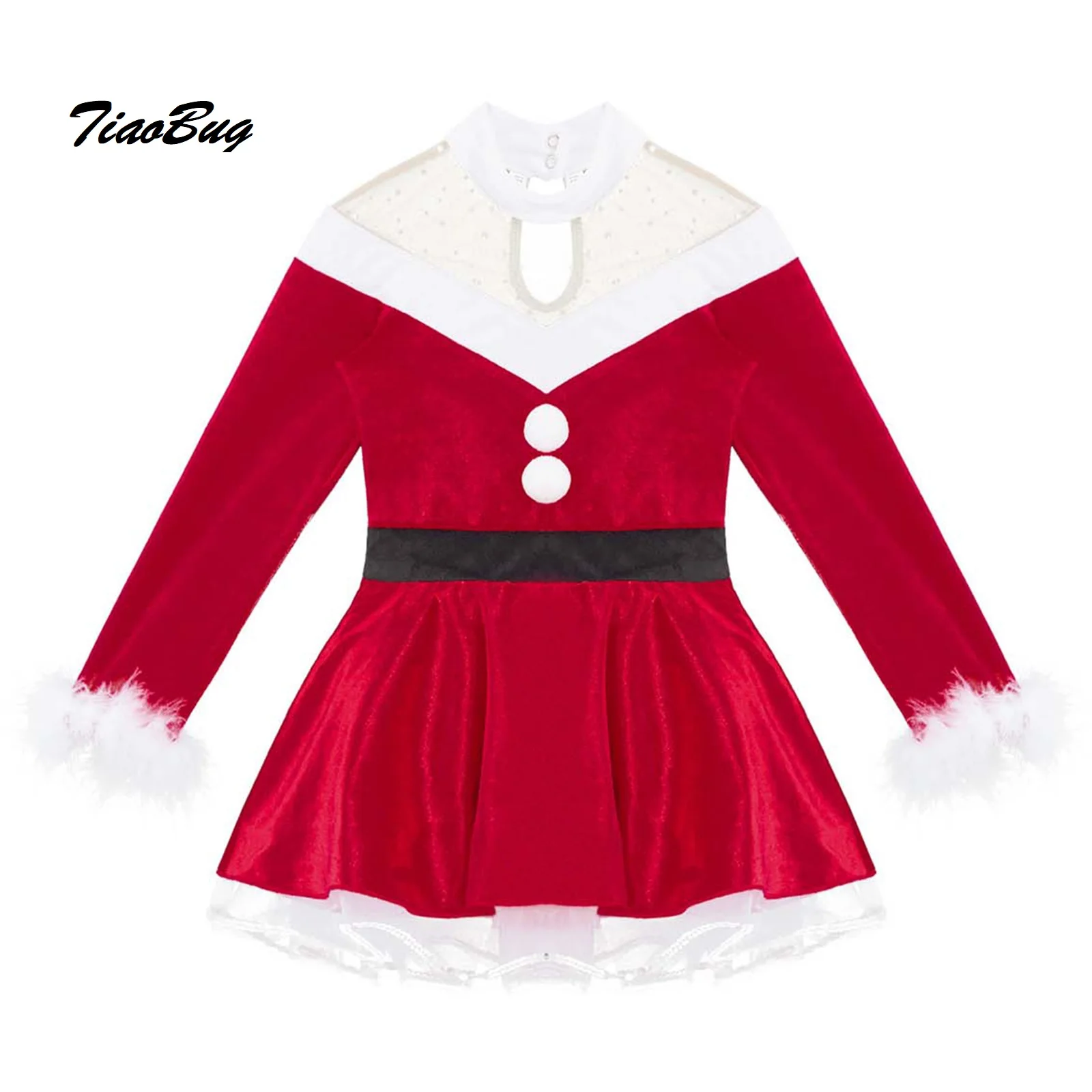 Детское цельнокроеное бархатное танцевальное платье с воротником-стойкой, длинными рукавами и помпонами, боди, рождественские костюмы