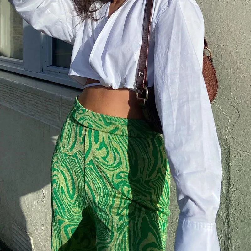 

Y2K Tie Dye Print Pants Summer Loose Casual High Waist Trousers Vintage Wide Leg Trousers Women Fashion Green Flared Pants 2021