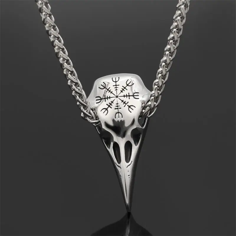 

Stainless Steel Crow Skull Pendant Necklace Nordic Viking Odin Rune Leather Chain Necklace New Gothic Jewelry