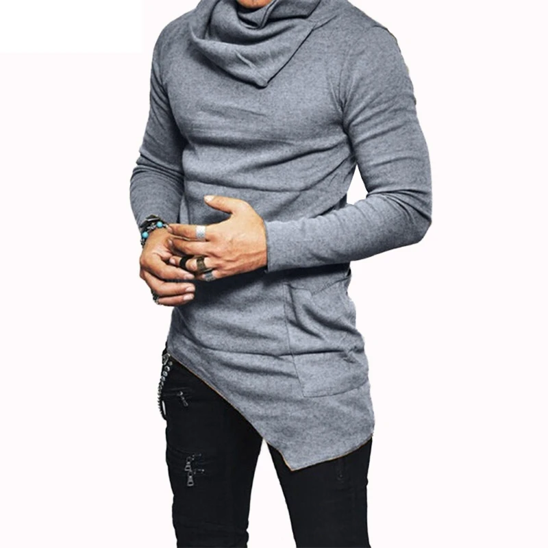 

Plus Size Men's Hoodies Unbalance Hem Pocket Long Sleeve Sweatshirt For Men Clothing Autumn Turtleneck Sweatshirt Top Hoodie