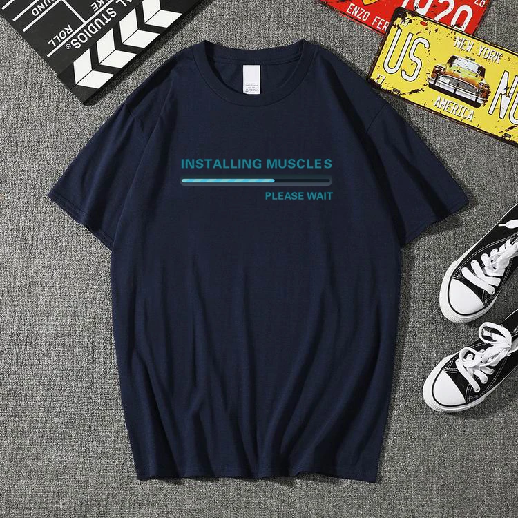 Fashion Funny Installing Muscles Please Wait Printed T-shirts Men Brand Loose T-shirt Summer Hipster O-neck Tops Tee | Мужская одежда