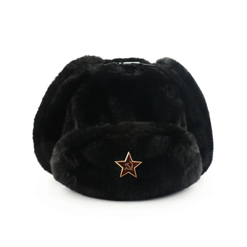 

Soviet Badge Lei Feng Hat Men and Women Imitation Rabbit Fur Outdoor Hat Ear Protection Russian All-hair Warm Hat Cold Northeast
